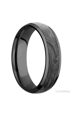 6 mm wide/Domed/Zirconium band with one 4 mm Centered inlay of Forged Carbon Fiber.
