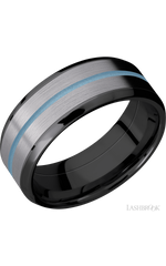 8 mm wide/Beveled/Zirconium band featuring inlays of Tantalum and Polar Blue.