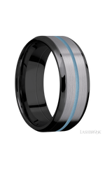 8 mm wide/Beveled/Zirconium band featuring inlays of Tantalum and Polar Blue.