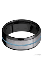 8 mm wide/Beveled/Zirconium band featuring inlays of Tantalum and Polar Blue.