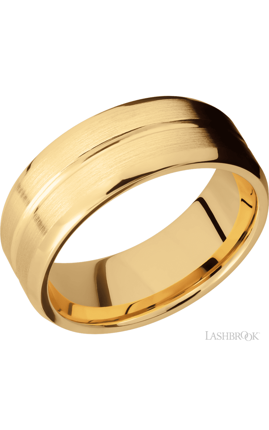 8 mm wide Beveled with Center Accent Groove 14K Yellow Gold band.