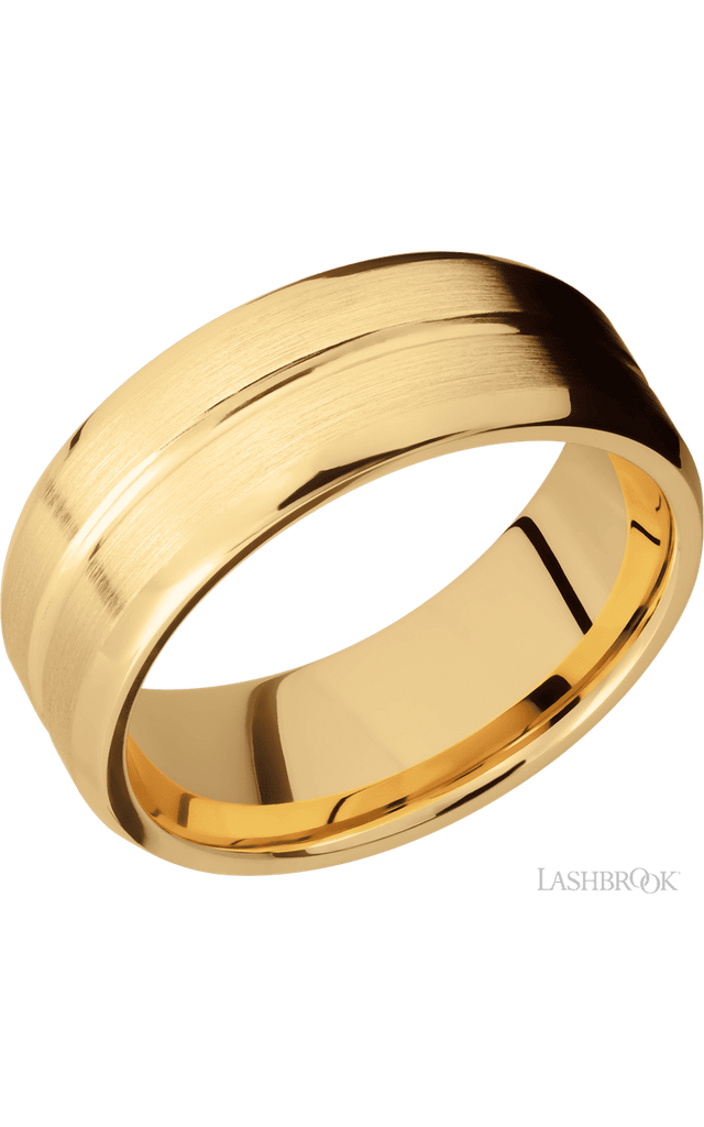 8 mm wide Beveled with Center Accent Groove 14K Yellow Gold band.