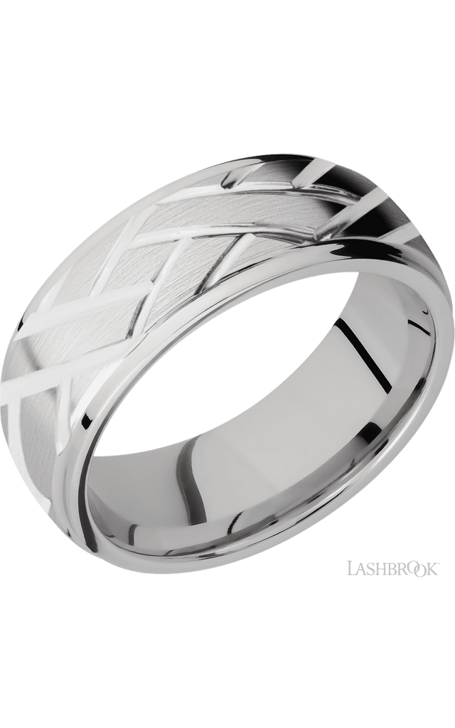 8 mm wide/Domed Stepped Down Edges/14K White Gold band with a machined Lattice pattern.