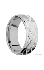 8 mm wide/Domed Stepped Down Edges/14K White Gold band with a machined Lattice pattern.