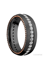 7 mm wide/Domed/Zirconium band with  two 1 mm Sidebraid inlays of 14K Rose Gold and featuring an Eternity arrangement of .03 carat Round Lab Grown Diamond stones in a Bead setting