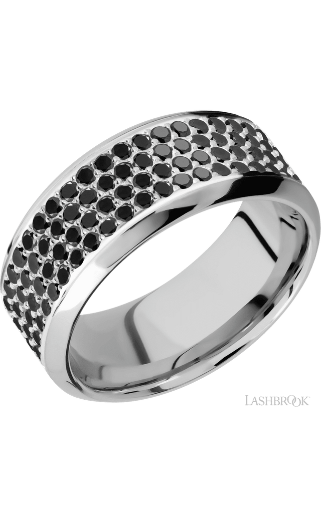 9 mm wide/High Bevel/14K White Gold band with a 4 Row Half Eternity arrangement of .015 carat Round Black Diamond stones in a Bead Channel setting.