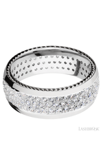 8 mm wide/Domed/14K White Gold band with  two 1 mm Sidebraid inlays of 14K White Gold and featuring a 3 Row Eternity arrangement of .015 carat Round Diamond stones in a Bead Channel setting