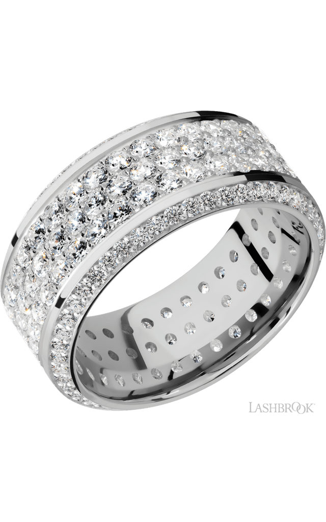 10 mm wide/High Bevel/14K White Gold band with a Bevel Eternity arrangement of .01 carat Round Diamond stones in a Bead setting and featuring a a 3 Row Eternity arrangement of .03 carat Round Diamond stones in a Bead Channel setting