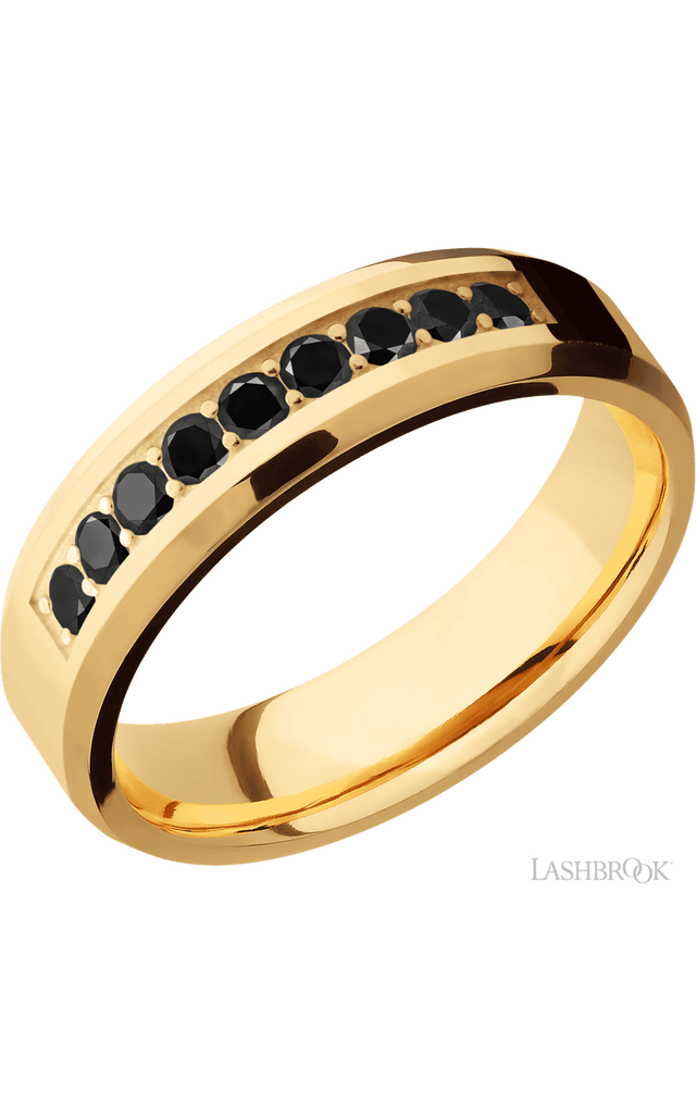 6 mm wide/Beveled/14K Yellow Gold band with an  arrangement of 9, .05 carat Round Black Diamond stones in a Bead Channel setting.
