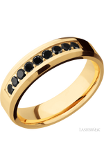 6 mm wide/Beveled/14K Yellow Gold band with an  arrangement of 9, .05 carat Round Black Diamond stones in a Bead Channel setting.