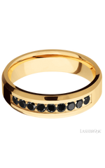 6 mm wide/Beveled/14K Yellow Gold band with an  arrangement of 9, .05 carat Round Black Diamond stones in a Bead Channel setting.