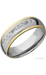 7 mm wide/Domed Stepped Down Edges/Cobalt Chrome band with  two 1 mm Edge inlays of 14K Yellow Gold and featuring an  arrangement of 9, .05 carat Round Diamond stones in a Channel setting