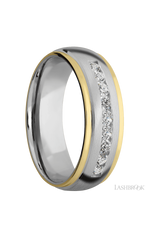 7 mm wide/Domed Stepped Down Edges/Cobalt Chrome band with  two 1 mm Edge inlays of 14K Yellow Gold and featuring an  arrangement of 9, .05 carat Round Diamond stones in a Channel setting