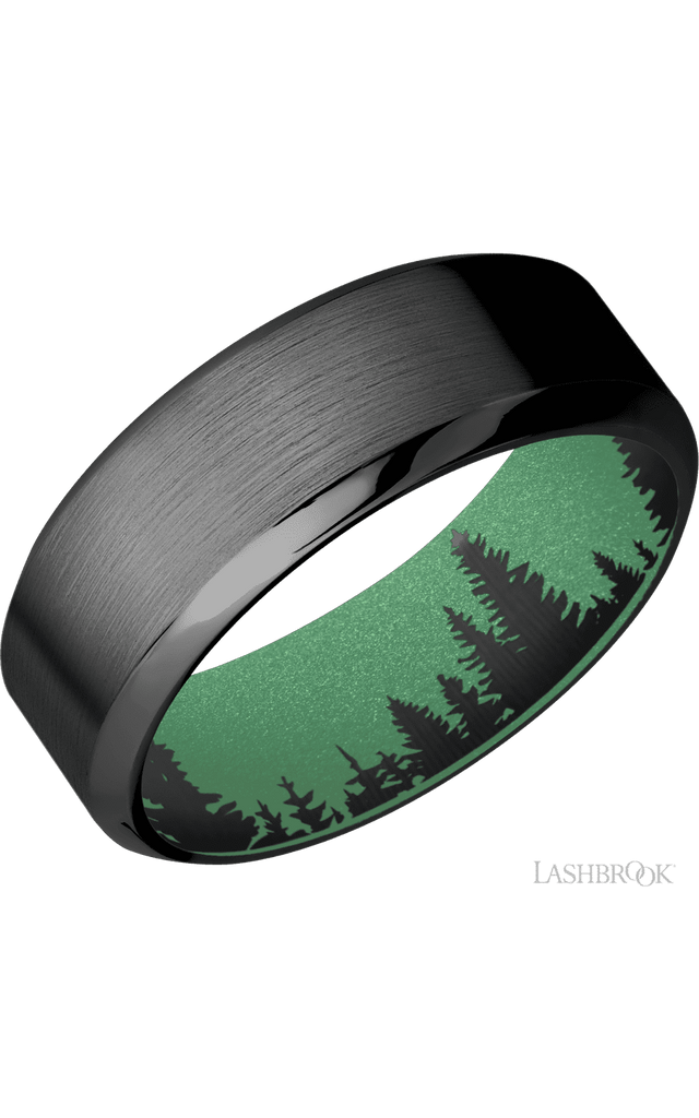 8 mm wide High Bevel Zirconium band featuring a Squatch sleeve.