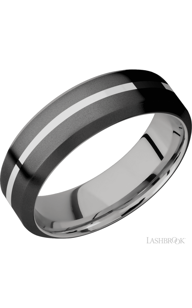 7 mm wide/High Bevel/Zirconium band with one 1 mm Centered inlay of Palladium Silver also featuring a Palladium Silver sleeve.