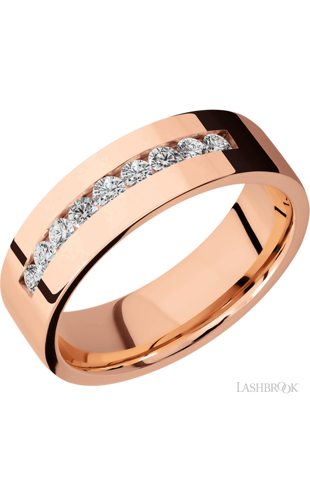 7 mm wide/Flat/14K Rose Gold band with an  arrangement of 9, .05 carat Round Diamond stones in a Channel setting.