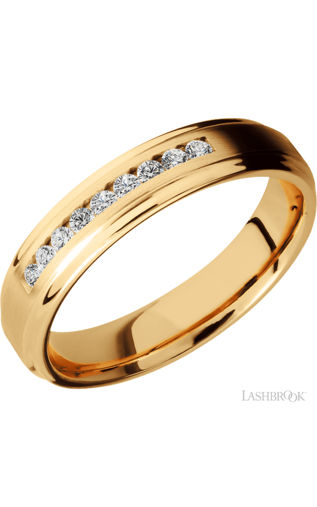 5 mm wide/Flat Grooved Edges/14K Yellow Gold band with an  arrangement of 9, .03 carat Round Diamond stones in a Channel setting.