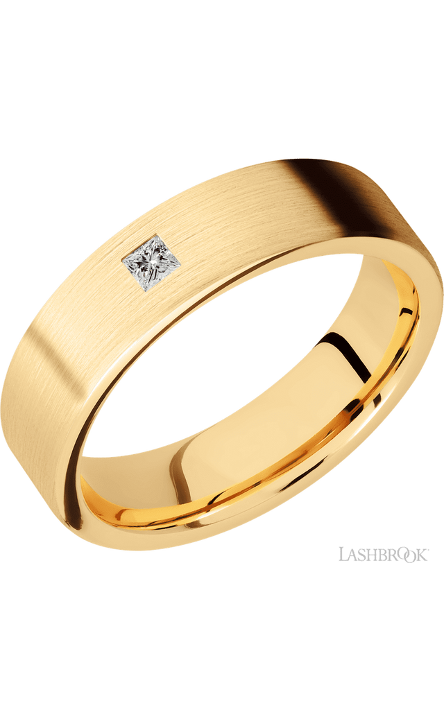 6 mm wide/Flat/14K Yellow Gold band with an  arrangement of 1, .1 carat Princess Diamond stones in a Flush setting.