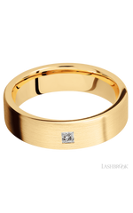 6 mm wide/Flat/14K Yellow Gold band with an  arrangement of 1, .1 carat Princess Diamond stones in a Flush setting.