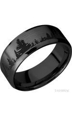 8 mm wide/Beveled/Zirconium band with a laser carved Trees pattern.