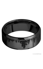 8 mm wide/Beveled/Zirconium band with a laser carved Trees pattern.