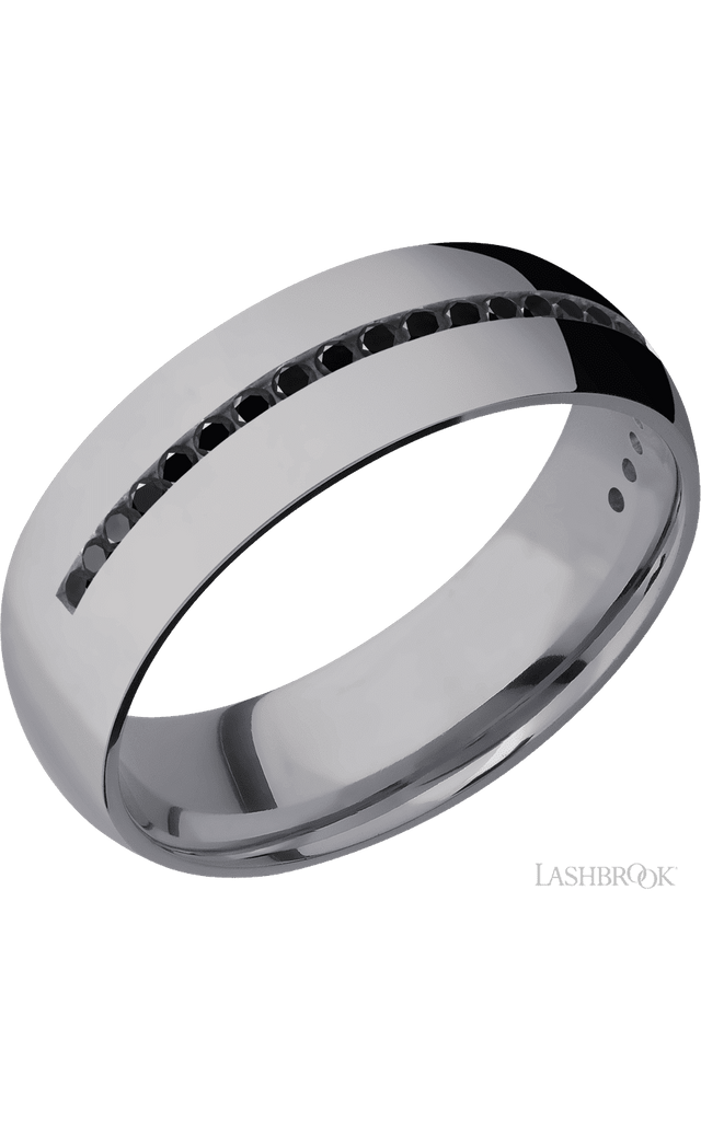 7 mm wide/Domed/Tantalum band with a Half Eternity arrangement of .015 carat Round Black Diamond stones in a Channel setting.