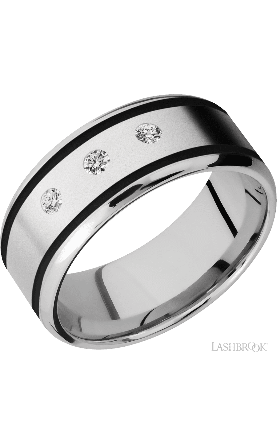 9 mm wide/Beveled/Cobalt Chrome band with  two 1 mm Wide inlays of Black and featuring an  arrangement of 3, .05 carat Round Diamond stones in a Flush setting