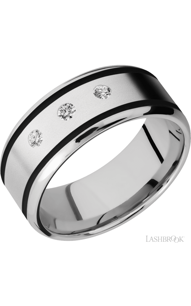 9 mm wide/Beveled/Cobalt Chrome band with  two 1 mm Wide inlays of Black and featuring an  arrangement of 3, .05 carat Round Diamond stones in a Flush setting