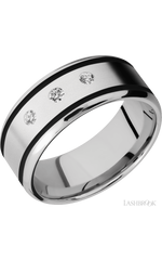 9 mm wide/Beveled/Cobalt Chrome band with  two 1 mm Wide inlays of Black and featuring an  arrangement of 3, .05 carat Round Diamond stones in a Flush setting