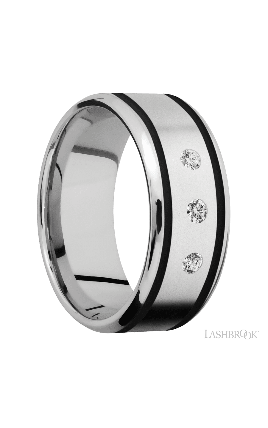 9 mm wide/Beveled/Cobalt Chrome band with  two 1 mm Wide inlays of Black and featuring an  arrangement of 3, .05 carat Round Diamond stones in a Flush setting