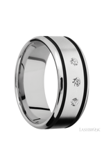 9 mm wide/Beveled/Cobalt Chrome band with  two 1 mm Wide inlays of Black and featuring an  arrangement of 3, .05 carat Round Diamond stones in a Flush setting