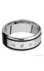 9 mm wide/Beveled/Cobalt Chrome band with  two 1 mm Wide inlays of Black and featuring an  arrangement of 3, .05 carat Round Diamond stones in a Flush setting