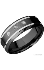 8 mm wide/High Bevel/Zirconium band with  two 1 mm Wide inlays of 14K White Gold and featuring an  arrangement of 3, .05 carat Round Diamond (ST) stones in a Flush setting