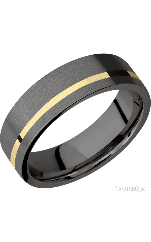 7 mm wide/Flat/Tantalum Noir band with one 1 mm Off Center inlay of 14K Yellow Gold.