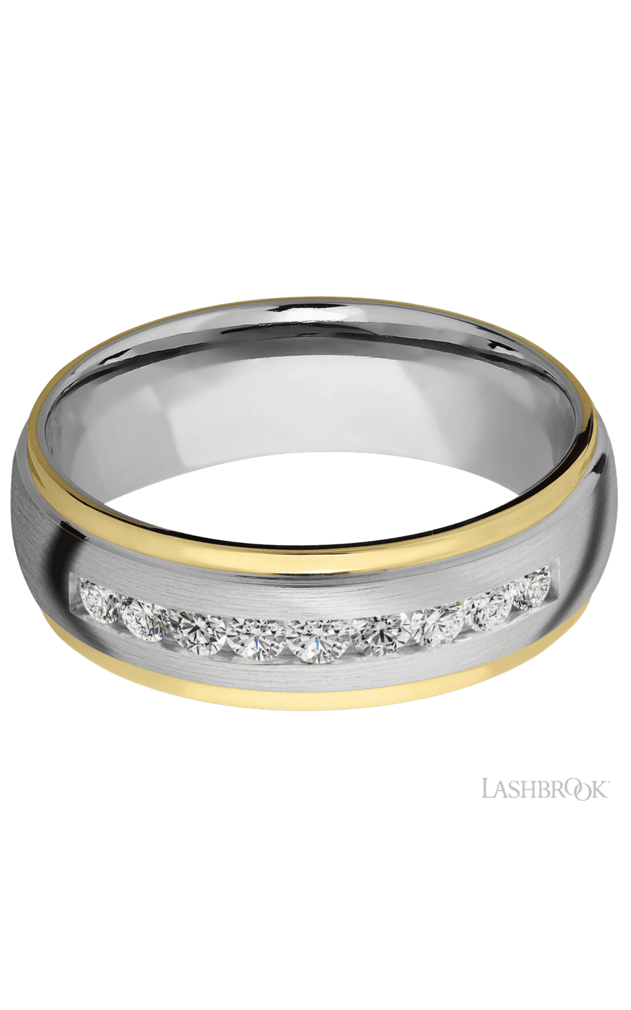 7 mm wide/Domed Stepped Down Edges/Cobalt Chrome band with an  arrangement of 9, .05 carat Round Lab Grown Diamond stones in a Channel setting and featuring two 1 mm Edge inlays of 14K Yellow Gold