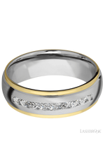 7 mm wide/Domed Stepped Down Edges/Cobalt Chrome band with an  arrangement of 9, .05 carat Round Lab Grown Diamond stones in a Channel setting and featuring two 1 mm Edge inlays of 14K Yellow Gold