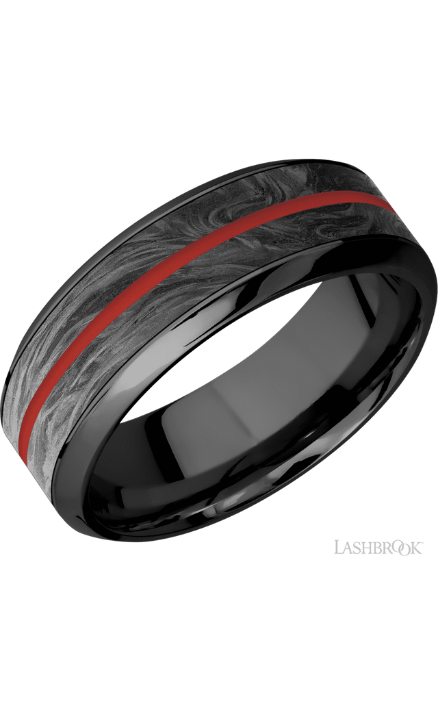 8 mm wide/High Bevel/Zirconium band featuring inlays of Forged Carbon Fiber and USMC Red.