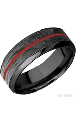 8 mm wide/High Bevel/Zirconium band featuring inlays of Forged Carbon Fiber and USMC Red.