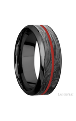 8 mm wide/High Bevel/Zirconium band featuring inlays of Forged Carbon Fiber and USMC Red.