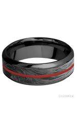 8 mm wide/High Bevel/Zirconium band featuring inlays of Forged Carbon Fiber and USMC Red.