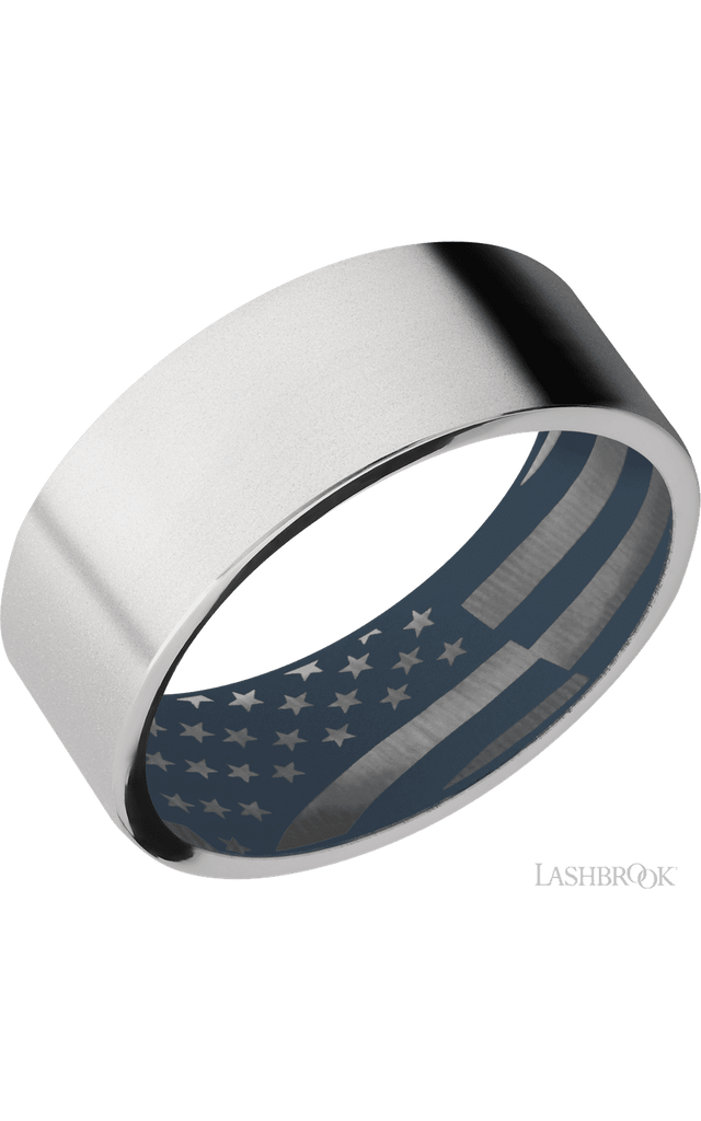 8 mm wide Flat Cobalt Chrome band featuring a Navy Blue sleeve.