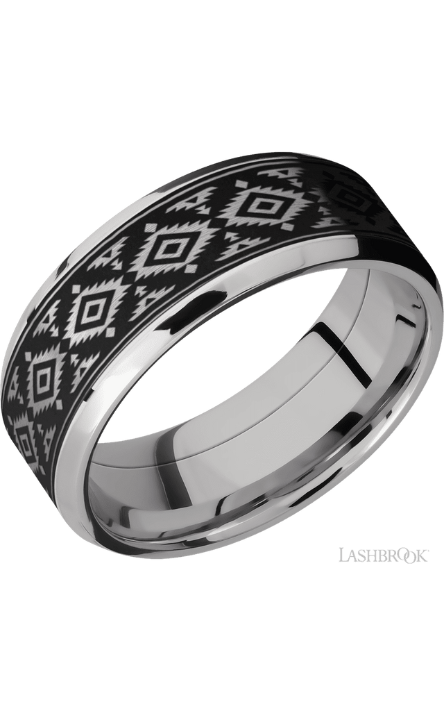 8 mm wide/Beveled/Cobalt Chrome band with one 6 mm Centered inlay of Tantalum with a laser carved Aztec 2 pattern.
