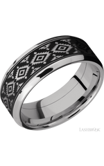 8 mm wide/Beveled/Cobalt Chrome band with one 6 mm Centered inlay of Tantalum with a laser carved Aztec 2 pattern.
