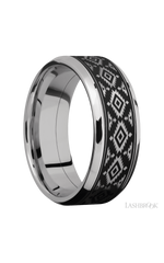 8 mm wide/Beveled/Cobalt Chrome band with one 6 mm Centered inlay of Tantalum with a laser carved Aztec 2 pattern.