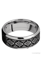 8 mm wide/Beveled/Cobalt Chrome band with one 6 mm Centered inlay of Tantalum with a laser carved Aztec 2 pattern.