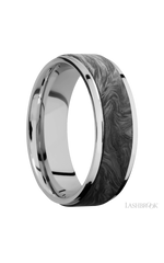 7 mm wide/Flat Grooved Edges/Cobalt Chrome band with one 5 mm Raised Centered inlay of Forged Carbon Fiber.