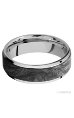 7 mm wide/Flat Grooved Edges/Cobalt Chrome band with one 5 mm Raised Centered inlay of Forged Carbon Fiber.