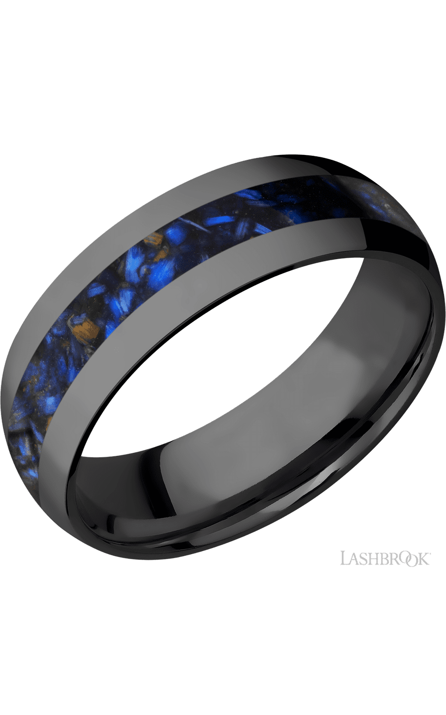 7 mm wide/Domed/Zirconium band with one 3 mm Centered inlay of Blue Tiger Eye.