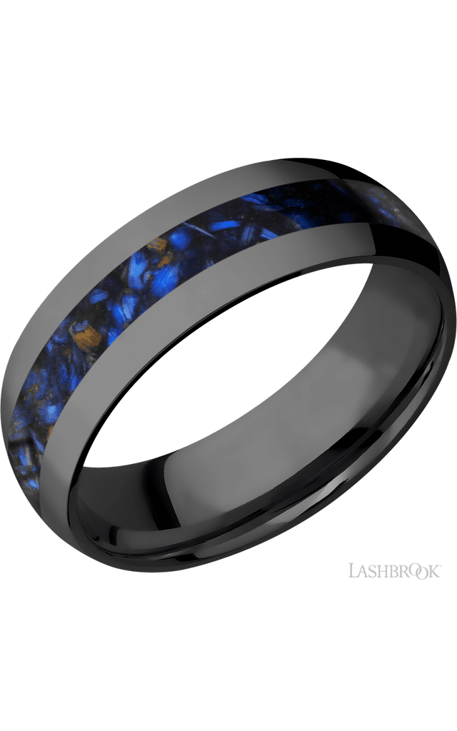 7 mm wide/Domed/Zirconium band with one 3 mm Centered inlay of Blue Tiger Eye.