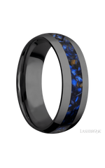 7 mm wide/Domed/Zirconium band with one 3 mm Centered inlay of Blue Tiger Eye.